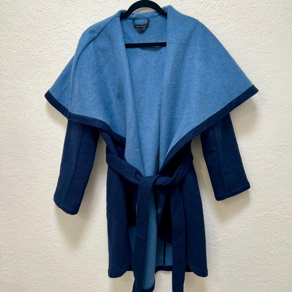H by Halston Womens Blue Wool Blend Wrap Coat Oversized Shawl Collar Size 14